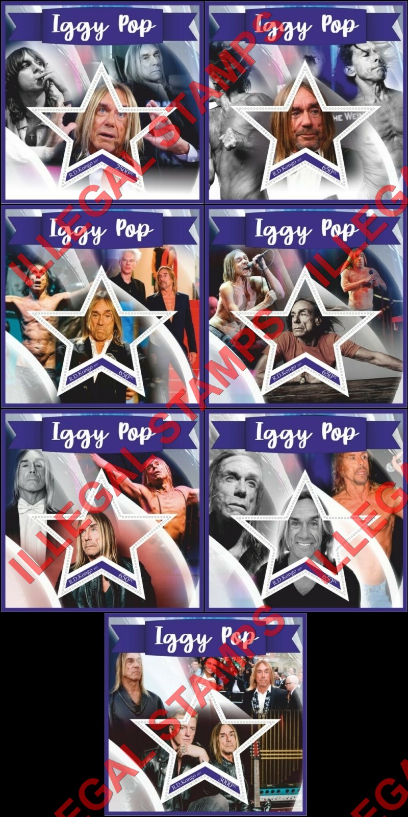 Congo Democratic Republic 2017 Iggy Pop Illegal Stamp Souvenir Sheets of 1 Congo Democratic Republic 2017 Iggy Pop Illegal Stamp Souvenir Sheets of 1