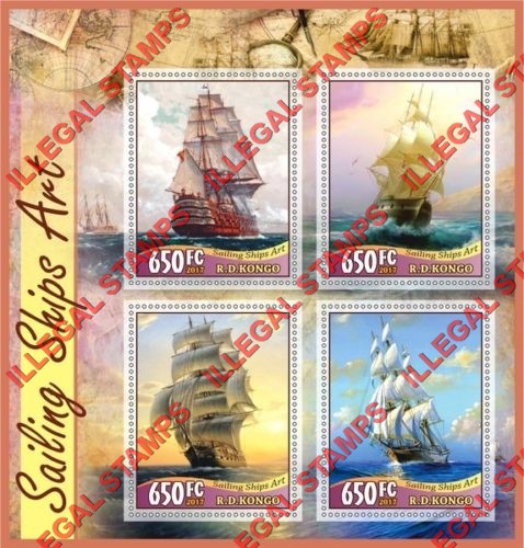 Congo Democratic Republic 2017 Sailing Ships Art Illegal Stamp Souvenir Sheet of 4 Congo Democratic Republic 2017 Sailing Ships Art Illegal Stamp Souvenir Sheet of 4