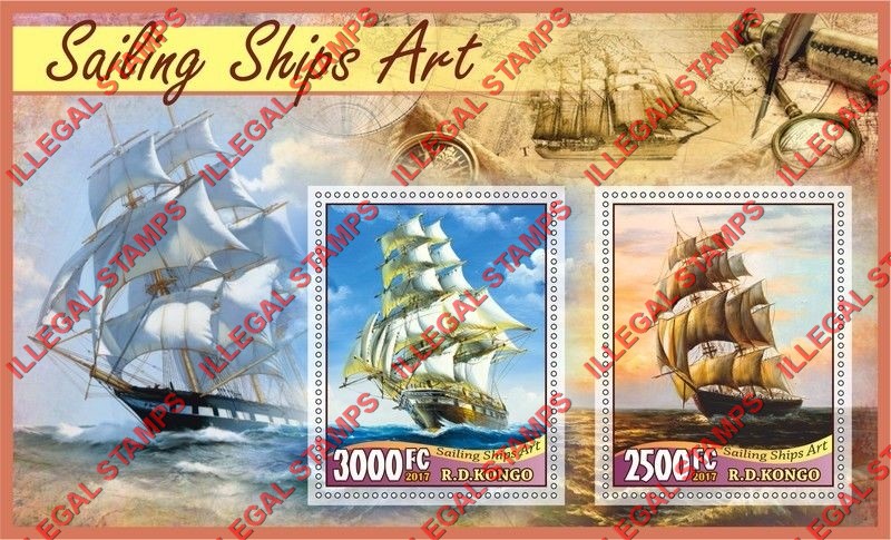 Congo Democratic Republic 2017 Sailing Ships Art Illegal Stamp Souvenir Sheet of 2 Congo Democratic Republic 2017 Sailing Ships Art Illegal Stamp Souvenir Sheet of 2