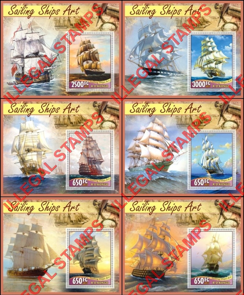 Congo Democratic Republic 2017 Sailing Ships Art Illegal Stamp Souvenir Sheets of 1 Congo Democratic Republic 2017 Sailing Ships Art Illegal Stamp Souvenir Sheets of 1