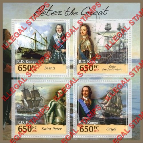 Congo Democratic Republic 2017 Sailing Ships Peter the Great Illegal Stamp Souvenir Sheet of 4 Congo Democratic Republic 2017 Sailing Ships Peter the Great Illegal Stamp Souvenir Sheet of 4