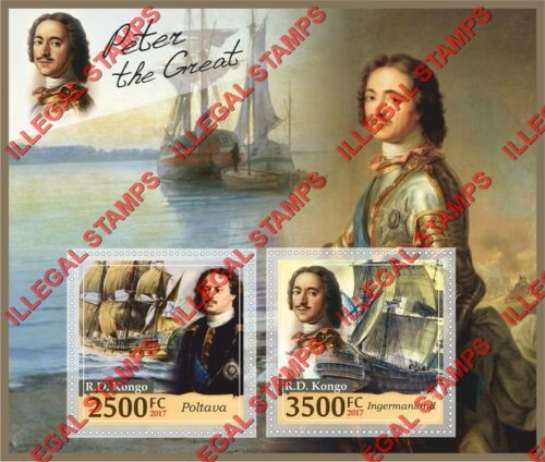 Congo Democratic Republic 2017 Sailing Ships Peter the Great Illegal Stamp Souvenir Sheet of 2 Congo Democratic Republic 2017 Sailing Ships Peter the Great Illegal Stamp Souvenir Sheet of 2
