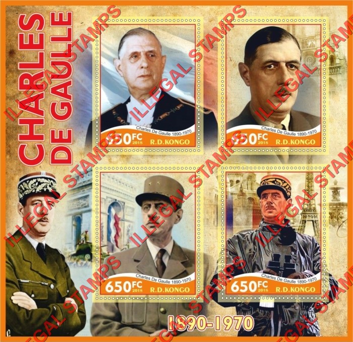 Congo Democratic Republic 2018 Charles de Gaulle Illegal Stamp Souvenir Sheet of 4 Congo Democratic Republic 2018 Charles de Gaulle Illegal Stamp Souvenir Sheet of 4