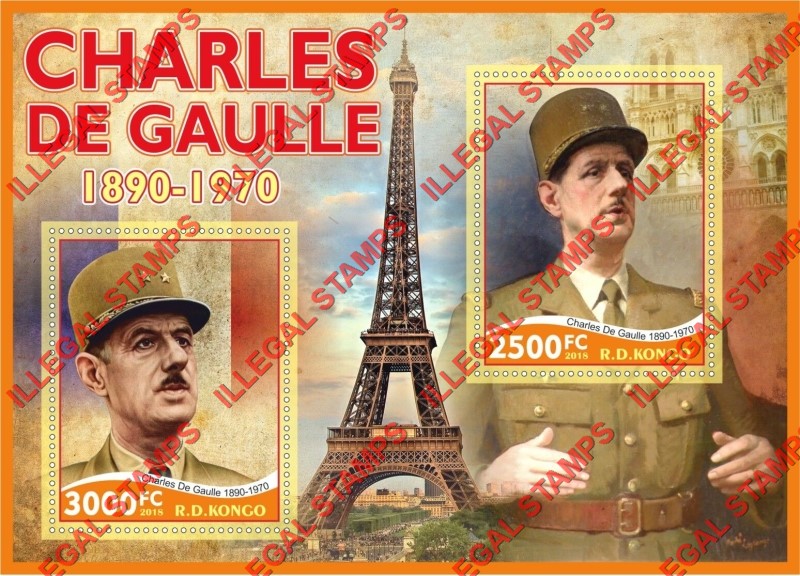Congo Democratic Republic 2018 Charles de Gaulle Illegal Stamp Souvenir Sheet of 2 Congo Democratic Republic 2018 Charles de Gaulle Illegal Stamp Souvenir Sheet of 2