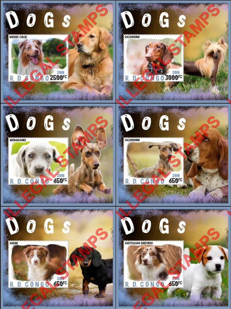 Congo Democratic Republic 2018 Dogs Illegal Stamp Souvenir Sheets of 1 Congo Democratic Republic 2018 Dogs Illegal Stamp Souvenir Sheets of 1