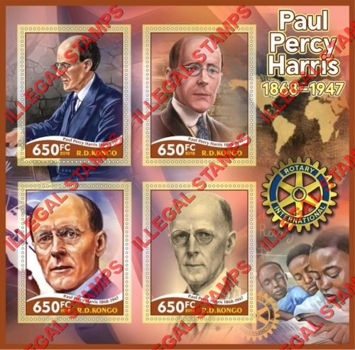 Congo Democratic Republic 2018 Paul Percy Harris Rotary International Illegal Stamp Souvenir Sheet of 4 Congo Democratic Republic 2018 Paul Percy Harris Rotary International Illegal Stamp Souvenir Sheet of 4