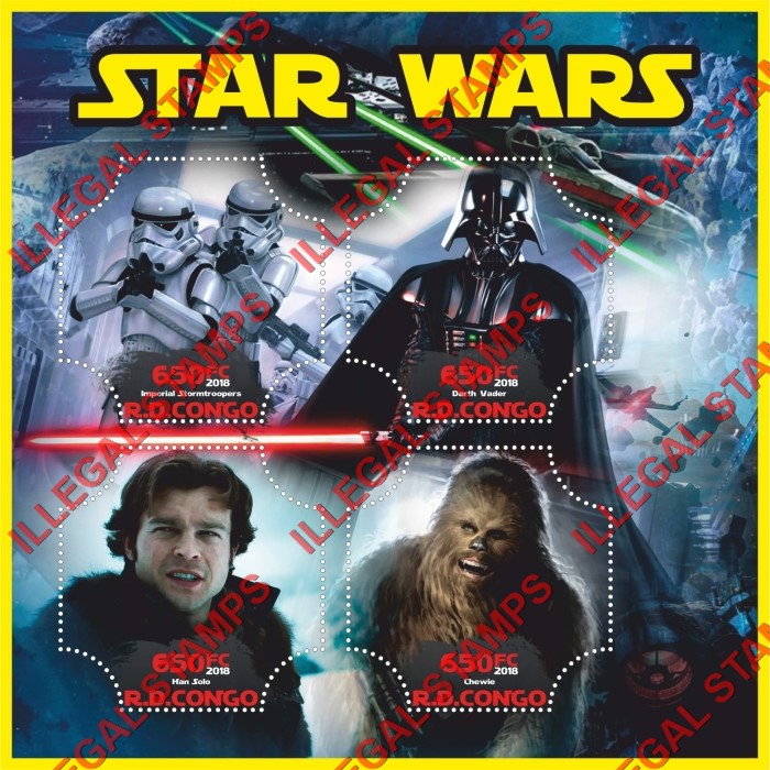 Congo Democratic Republic 2018 Star Wars Illegal Stamp Souvenir Sheet of 4 Congo Democratic Republic 2018 Star Wars Illegal Stamp Souvenir Sheet of 4