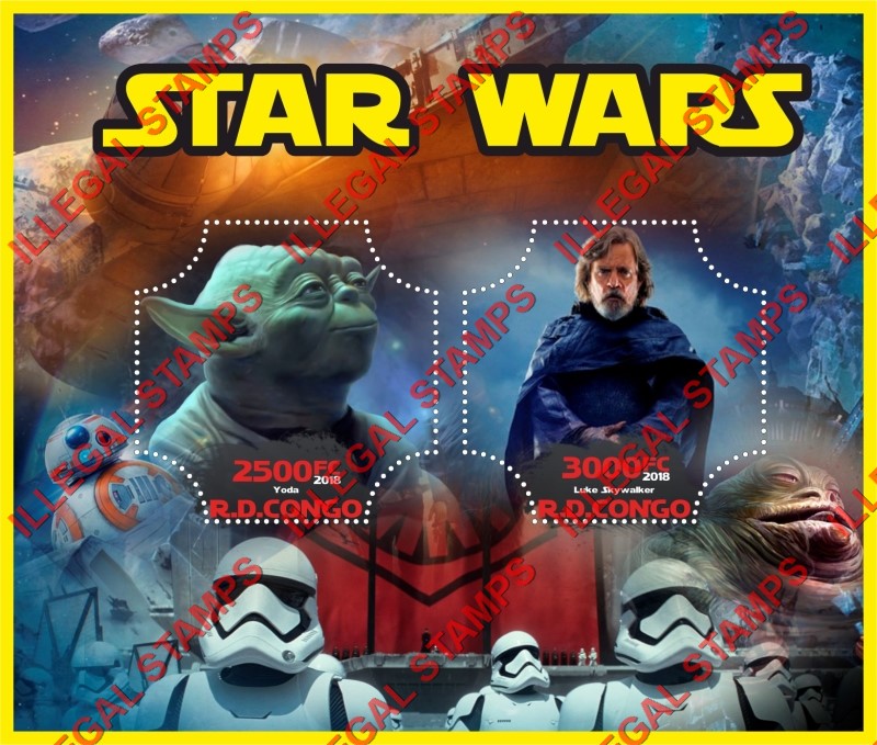 Congo Democratic Republic 2018 Star Wars Illegal Stamp Souvenir Sheet of 2 Congo Democratic Republic 2018 Star Wars Illegal Stamp Souvenir Sheet of 2