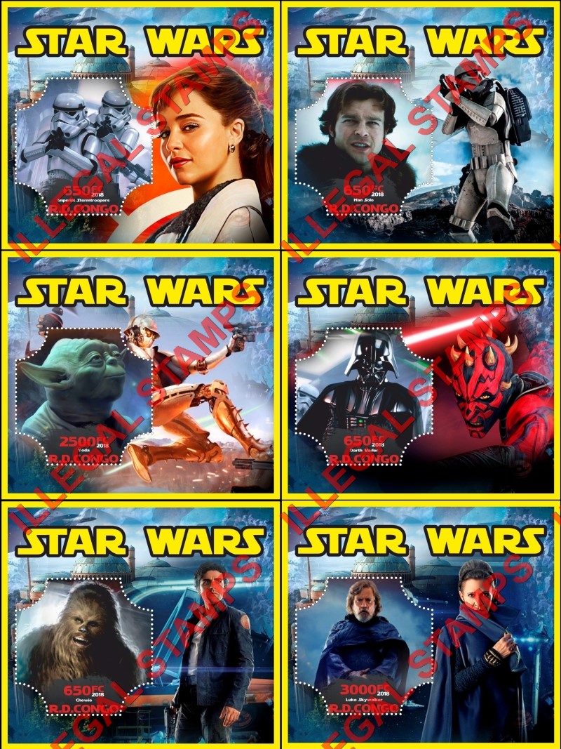 Congo Democratic Republic 2018 Star Wars Illegal Stamp Souvenir Sheets of 1 Congo Democratic Republic 2018 Star Wars Illegal Stamp Souvenir Sheets of 1
