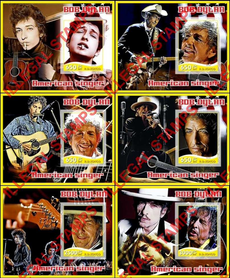 Congo Democratic Republic 2019 Bob Dylan Illegal Stamp Souvenir Sheets of 1 Congo Democratic Republic 2019 Bob Dylan Illegal Stamp Souvenir Sheets of 1