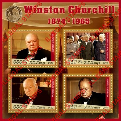 Congo Democratic Republic 2019 Winston Churchill (different) Illegal Stamp Souvenir Sheet of 4 Congo Democratic Republic 2019 Winston Churchill (different) Illegal Stamp Souvenir Sheet of 4