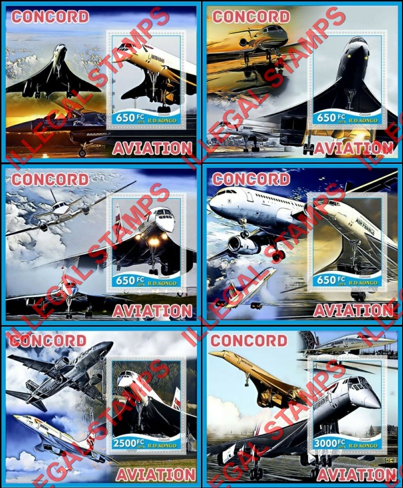 Congo Democratic Republic 2019 Concorde Aviation Illegal Stamp Souvenir Sheets of 1 Congo Democratic Republic 2019 Concorde Aviation Illegal Stamp Souvenir Sheets of 1