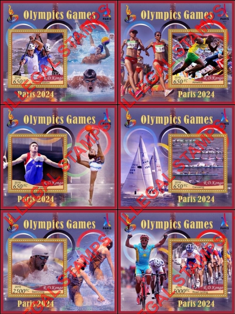 Congo Democratic Republic 2019 Olympic Games Paris 2024 (Different) Illegal Stamp Souvenir Sheets of 1 Congo Democratic Republic 2019 Olympic Games Paris 2024 (Different) Illegal Stamp Souvenir Sheets of 1