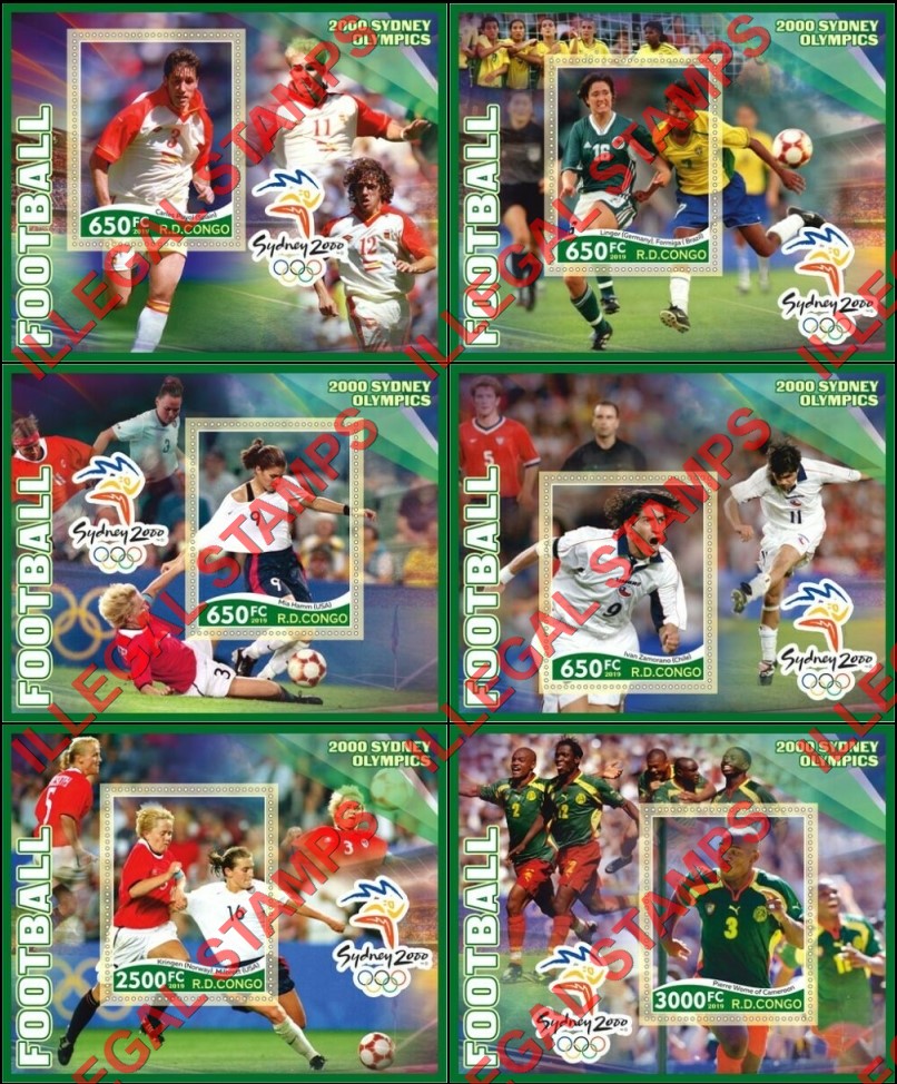 Congo Democratic Republic 2019 Olympics Football (Soccer) Sydney 2000 Illegal Stamp Souvenir Sheets of 1 Congo Democratic Republic 2019 Olympics Football (Soccer) Sydney 2000 Illegal Stamp Souvenir Sheets of 1