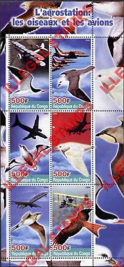 Congo Republic 2004 Birds and Planes Illegal Stamp Souvenir Sheet of 6 Congo Republic 2004 Birds and Planes Illegal Stamp Souvenir Sheet of 6