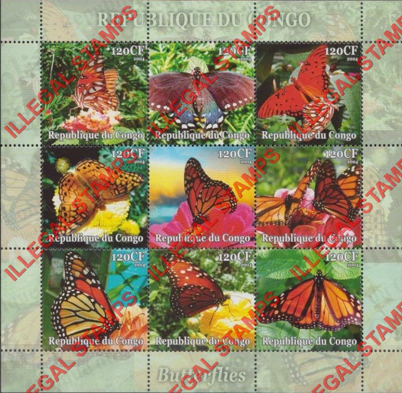 Congo Republic 2004 Butterflies Illegal Stamp Sheetlet of 9 Congo Republic 2004 Butterflies Illegal Stamp Sheetlet of 9