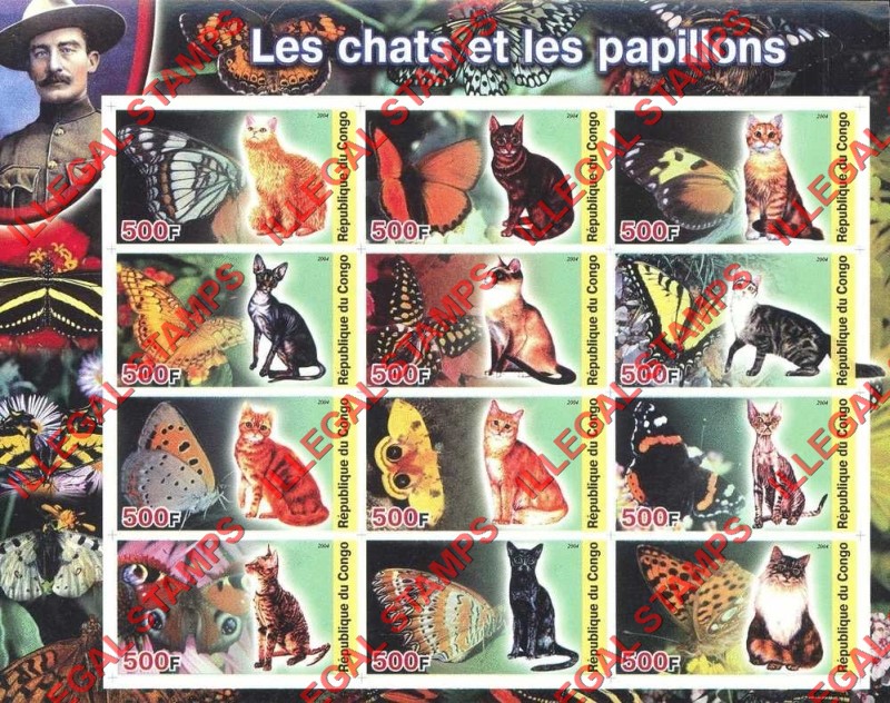 Congo Republic 2004 Cats and Butterflies Illegal Stamp Souvenir Sheet of 12 Congo Republic 2004 Cats and Butterflies Illegal Stamp Souvenir Sheet of 12