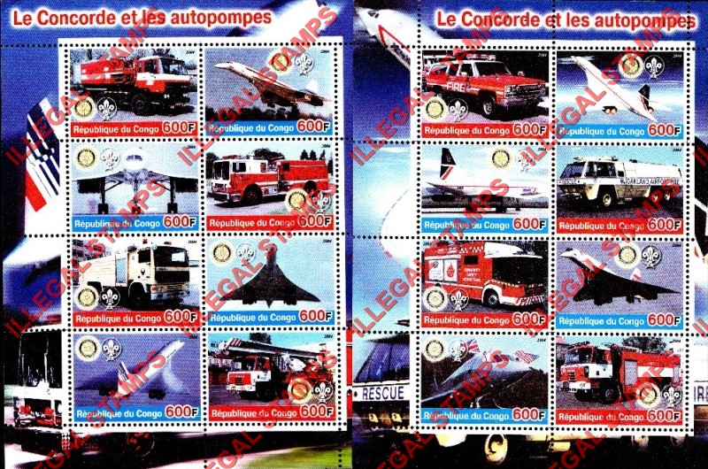 Congo Republic 2004 Concorde and Fire Trucks Illegal Stamp Souvenir Sheets of 8 Congo Republic 2004 Concorde and Fire Trucks Illegal Stamp Souvenir Sheets of 8