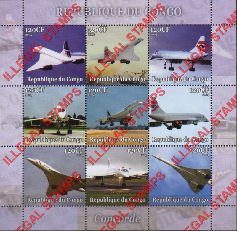 Congo Republic 2004 Concorde Illegal Stamp Sheetlet of 9 Congo Republic 2004 Concorde Illegal Stamp Sheetlet of 9