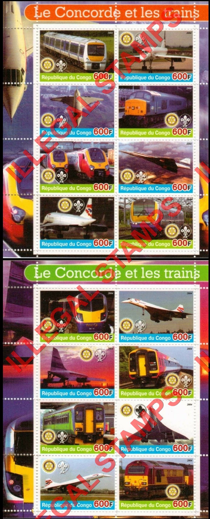 Congo Republic 2004 Concorde and Trains Illegal Stamp Souvenir Sheets of 8 Congo Republic 2004 Concorde and Trains Illegal Stamp Souvenir Sheets of 8