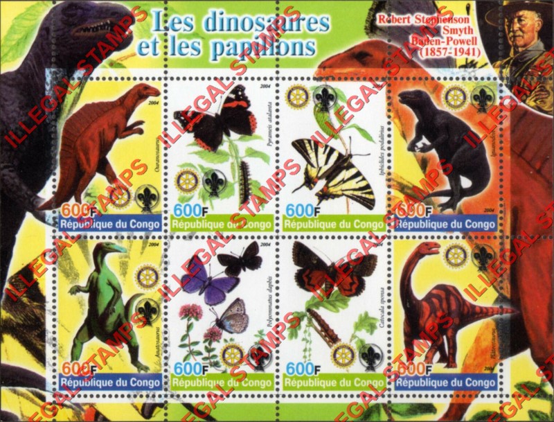 Congo Republic 2004 Dinosaurs and Butterflies Illegal Stamp Souvenir Sheet of 8 Congo Republic 2004 Dinosaurs and Butterflies Illegal Stamp Souvenir Sheet of 8