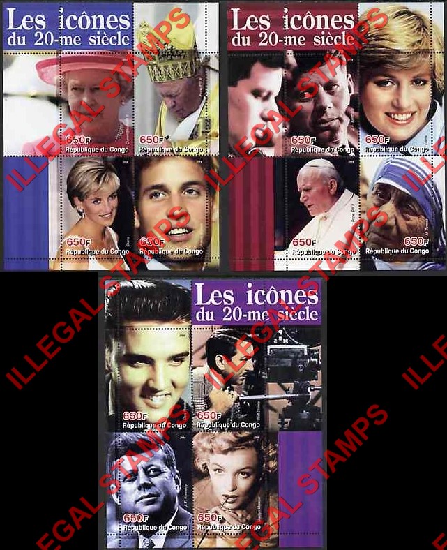 Congo Republic 2004 Icon of the 20th Century (Elvis, Kennedy, Diana, Pope, Marilyn) Illegal Stamp Souvenir Sheets of 4 Congo Republic 2004 Icon of the 20th Century (Elvis, Kennedy, Diana, Pope, Marilyn) Illegal Stamp Souvenir Sheets of 4