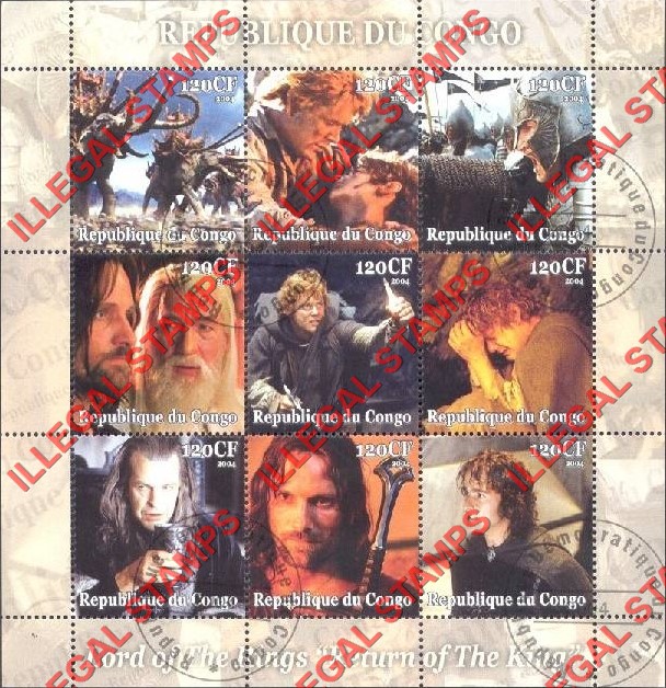 Congo Republic 2004 Lord of the Rings Illegal Stamp Sheetlet of 9 Congo Republic 2004 Lord of the Rings Illegal Stamp Sheetlet of 9