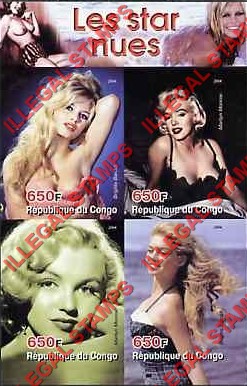 Congo Republic 2004 Nude Stars Marilyn Monroe and Brigitte Bardot Illegal Stamp Souvenir Sheet of 6 Congo Republic 2004 Nude Stars Marilyn Monroe and Brigitte Bardot Illegal Stamp Souvenir Sheet of 6