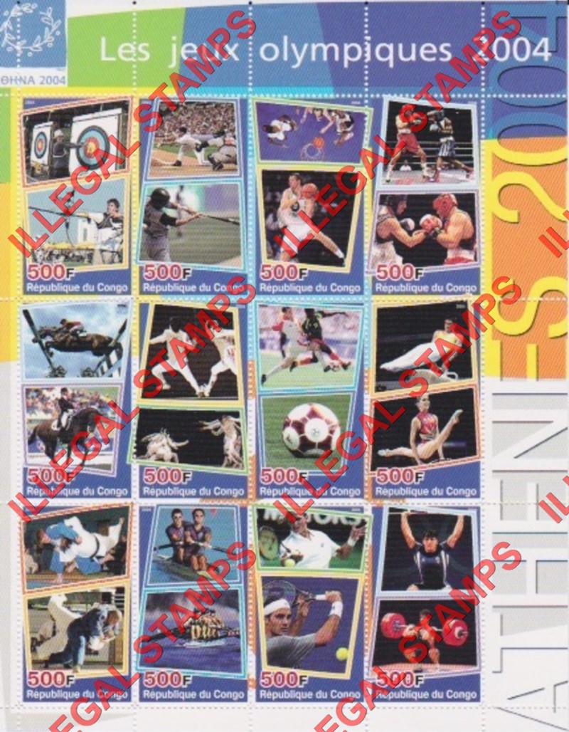 Congo Republic 2004 Olympic Games in Athens Illegal Stamp Sheetlet of 12 Congo Republic 2004 Olympic Games in Athens Illegal Stamp Sheetlet of 12