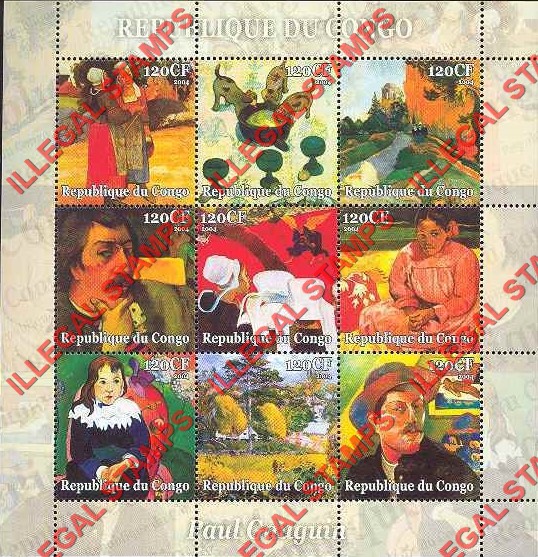 Congo Republic 2004 Paintings by Gauguin Illegal Stamp Sheetlet of 9 Congo Republic 2004 Paintings by Gauguin Illegal Stamp Sheetlet of 9