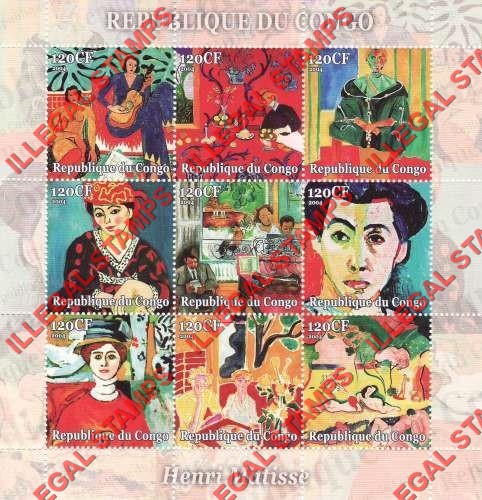 Congo Republic 2004 Paintings by Matisse Illegal Stamp Sheetlet of 9 Congo Republic 2004 Paintings by Matisse Illegal Stamp Sheetlet of 9