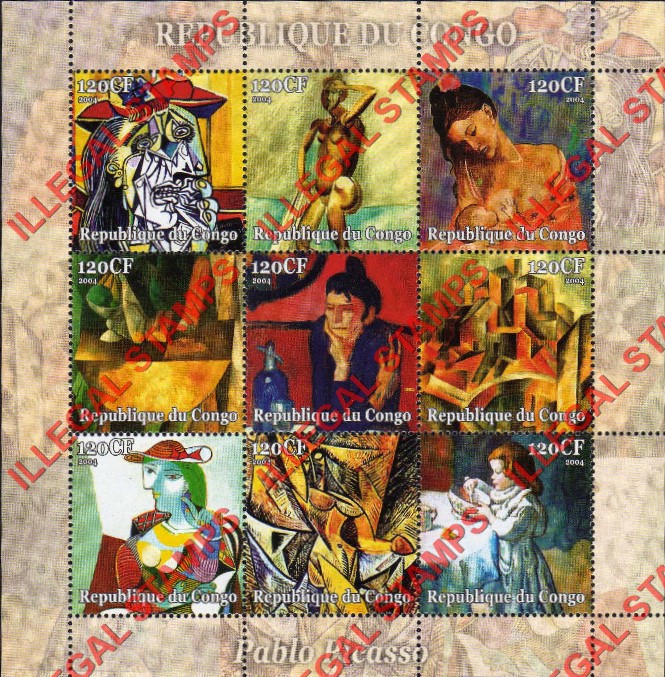 Congo Republic 2004 Paintings by Picasso Illegal Stamp Sheetlet of 9 Congo Republic 2004 Paintings by Picasso Illegal Stamp Sheetlet of 9