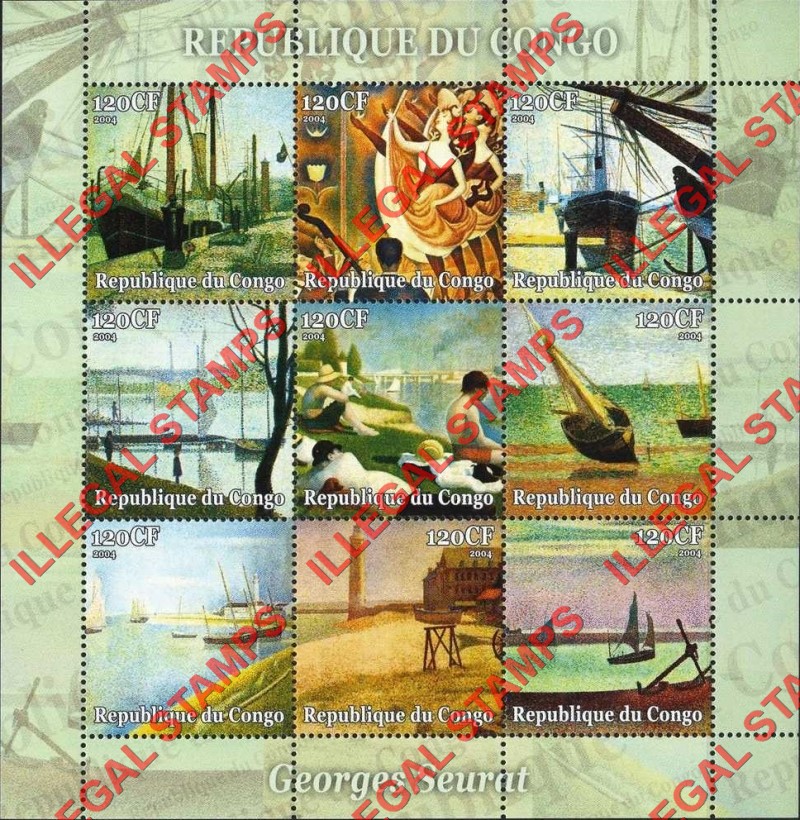 Congo Republic 2004 Paintings by Seurat Illegal Stamp Sheetlet of 9 Congo Republic 2004 Paintings by Seurat Illegal Stamp Sheetlet of 9