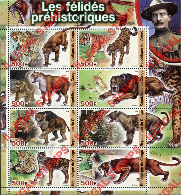 Congo Republic 2004 Prehistoric Cats Illegal Stamp Souvenir Sheet of 8 Congo Republic 2004 Prehistoric Cats Illegal Stamp Souvenir Sheet of 8