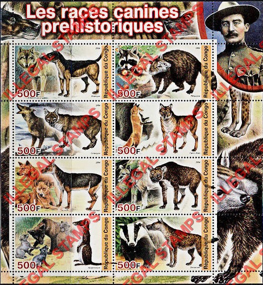 Congo Republic 2004 Prehistoric Dogs Illegal Stamp Souvenir Sheet of 8 Congo Republic 2004 Prehistoric Dogs Illegal Stamp Souvenir Sheet of 8