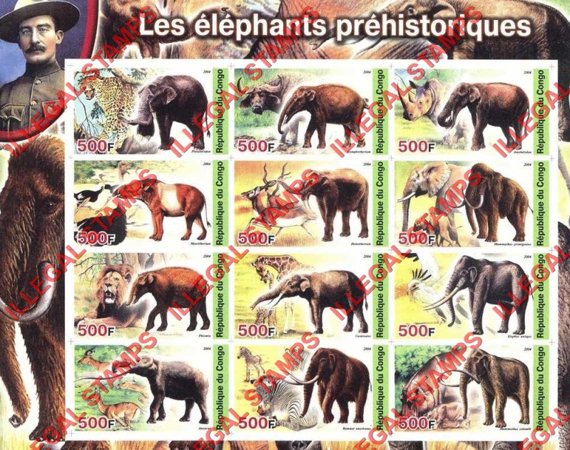 Congo Republic 2004 Prehistoric Elephants Illegal Stamp Souvenir Sheet of 12 Congo Republic 2004 Prehistoric Elephants Illegal Stamp Souvenir Sheet of 12
