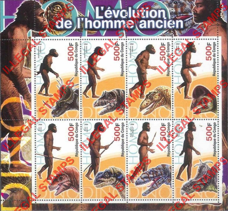 Congo Republic 2004 Prehistoric Man Illegal Stamp Souvenir Sheet of 8 Congo Republic 2004 Prehistoric Man Illegal Stamp Souvenir Sheet of 8