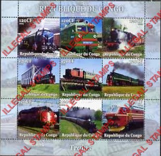 Congo Republic 2004 Trains Illegal Stamp Sheetlet of 9 Congo Republic 2004 Trains Illegal Stamp Sheetlet of 9