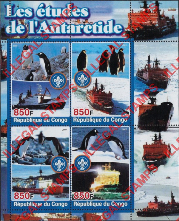 Congo Republic 2005 Antarctic Ships and Penguins Illegal Stamp Souvenir Sheet of 4 Congo Republic 2005 Antarctic Ships and Penguins Illegal Stamp Souvenir Sheet of 4