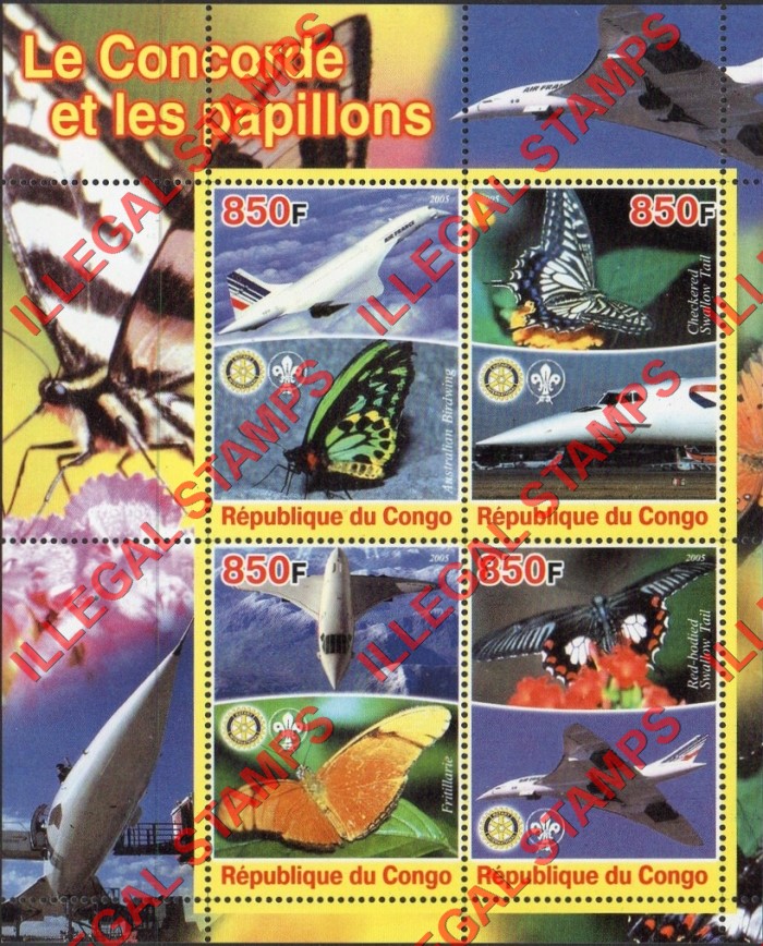 Congo Republic 2005 Concorde and Butterflies Illegal Stamp Souvenir Sheet of 4 Congo Republic 2005 Concorde and Butterflies Illegal Stamp Souvenir Sheet of 4