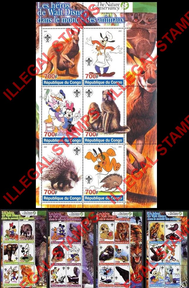 Congo Republic 2005 Disney Heroes and Animals (Nature Conservancy) Illegal Stamp Souvenir Sheets of 6 Congo Republic 2005 Disney Heroes and Animals (Nature Conservancy) Illegal Stamp Souvenir Sheets of 6