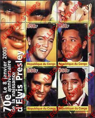 Congo Republic 2005 Elvis Presley Illegal Stamp Souvenir Sheet of 4 Congo Republic 2005 Elvis Presley Illegal Stamp Souvenir Sheet of 4