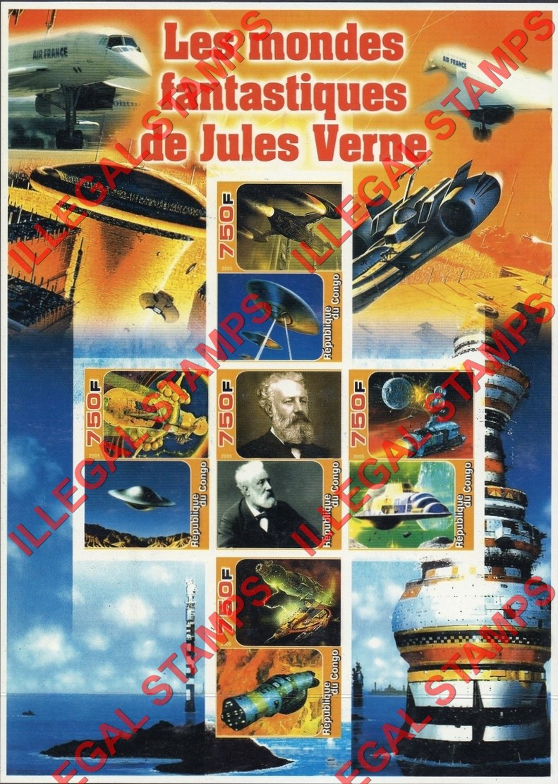 Congo Republic 2005 Jules Verne Illegal Stamp Souvenir Sheet of 5 Congo Republic 2005 Jules Verne Illegal Stamp Souvenir Sheet of 5