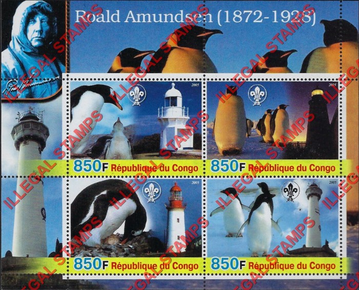 Congo Republic 2005 Roald Amundsen and Penguins Illegal Stamp Souvenir Sheet of 4 Congo Republic 2005 Roald Amundsen and Penguins Illegal Stamp Souvenir Sheet of 4