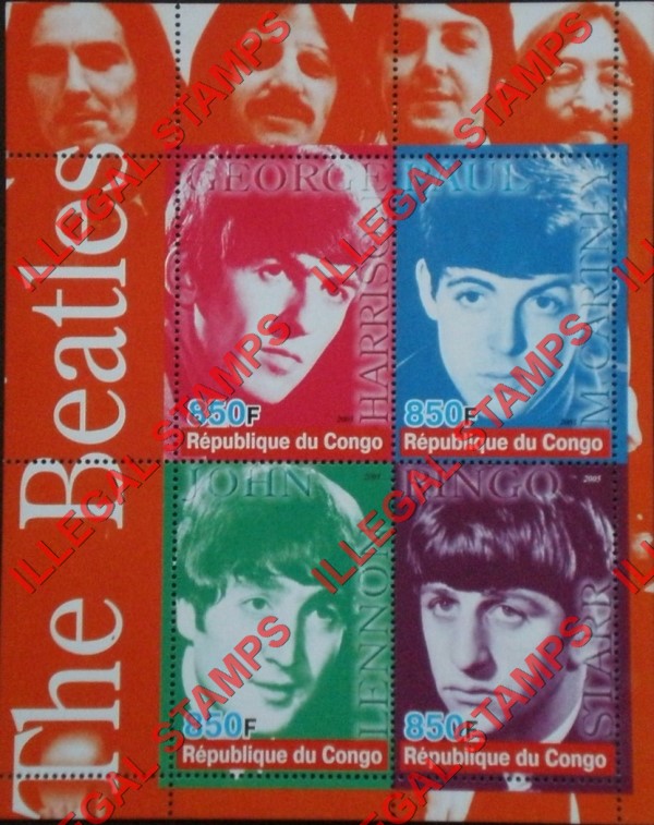 Congo Republic 2005 The Beatles Illegal Stamp Souvenir Sheet of 4 Congo Republic 2005 The Beatles Illegal Stamp Souvenir Sheet of 4