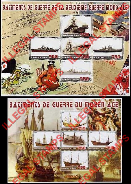Congo Republic 2005 War Ships Illegal Stamp Souvenir Sheets of 4 Congo Republic 2005 War Ships Illegal Stamp Souvenir Sheets of 4