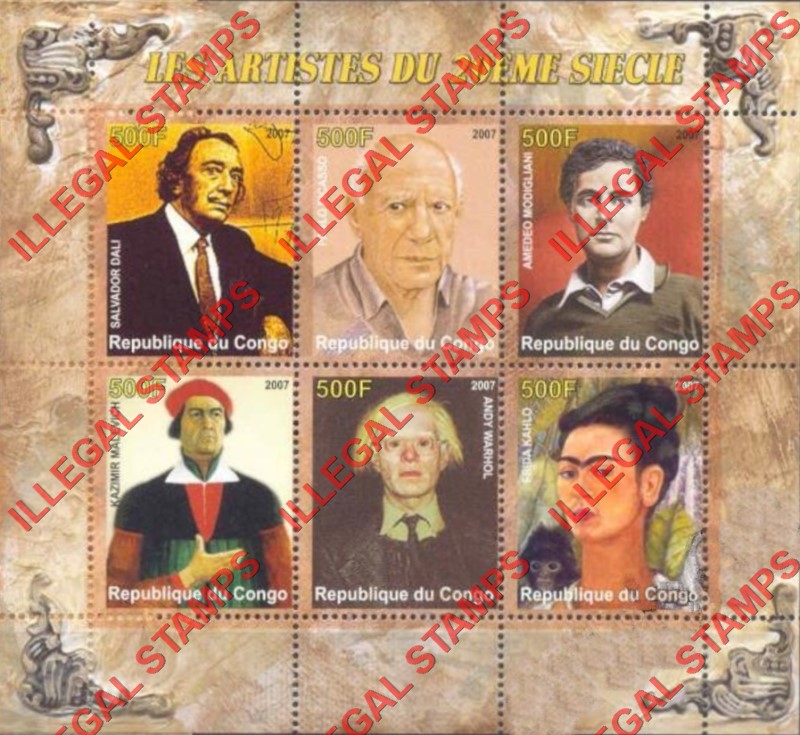 Congo Republic 2007 Artists Illegal Stamp Souvenir Sheet of 6 Congo Republic 2007 Artists Illegal Stamp Souvenir Sheet of 6
