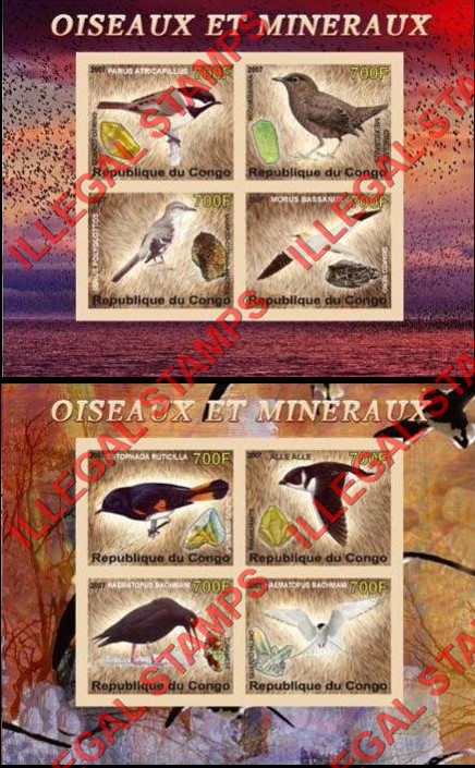 Congo Republic 2007 Birds and Minerals Illegal Stamp Souvenir Sheets of 4 Congo Republic 2007 Birds and Minerals Illegal Stamp Souvenir Sheets of 4