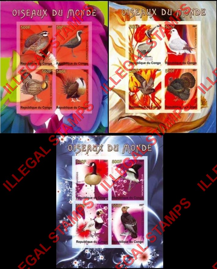 Congo Republic 2007 Birds Illegal Stamp Souvenir Sheets of 4 Congo Republic 2007 Birds Illegal Stamp Souvenir Sheets of 4