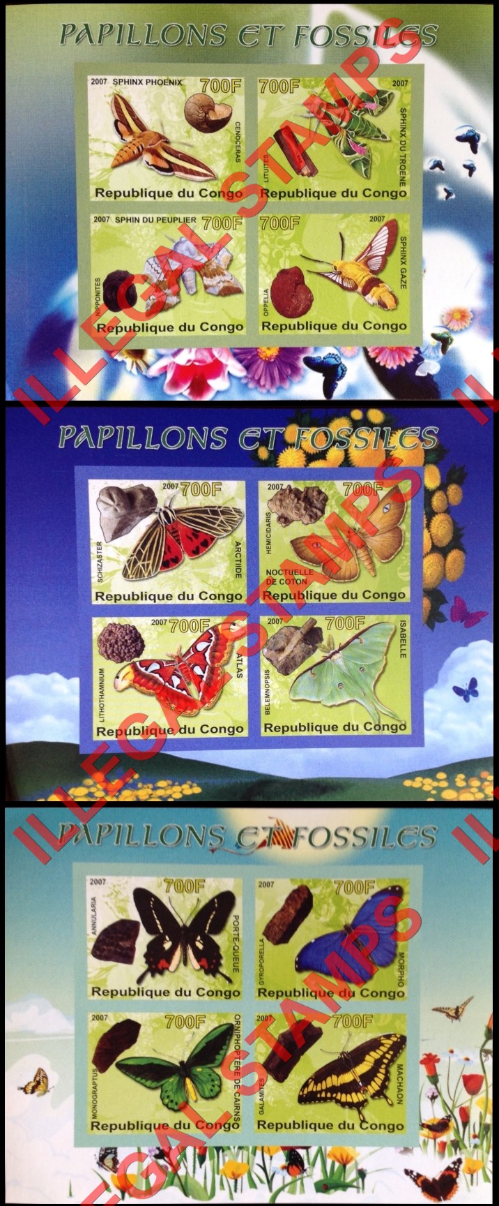 Congo Republic 2007 Butterflies and Fossils Illegal Stamp Souvenir Sheets of 4 Congo Republic 2007 Butterflies and Fossils Illegal Stamp Souvenir Sheets of 4